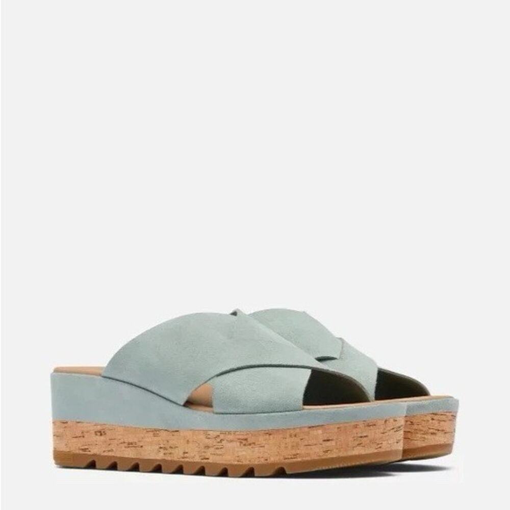 Sorel Light Blue Suede Platform Slide Sandals